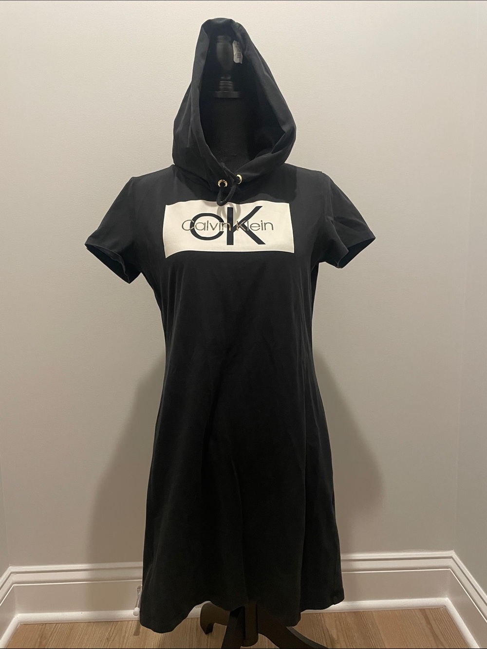Calvin Klein Black Hooded Logo Tee Dress with White Panel